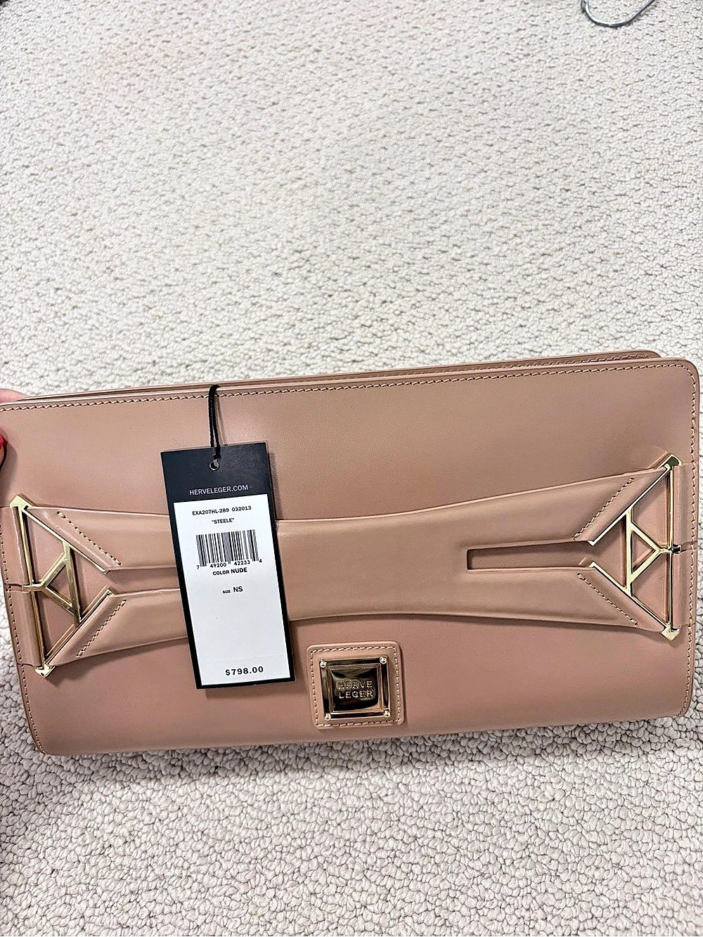 Hervé Léger Steele Nude Leather Clutch with Gold Hardware NWT